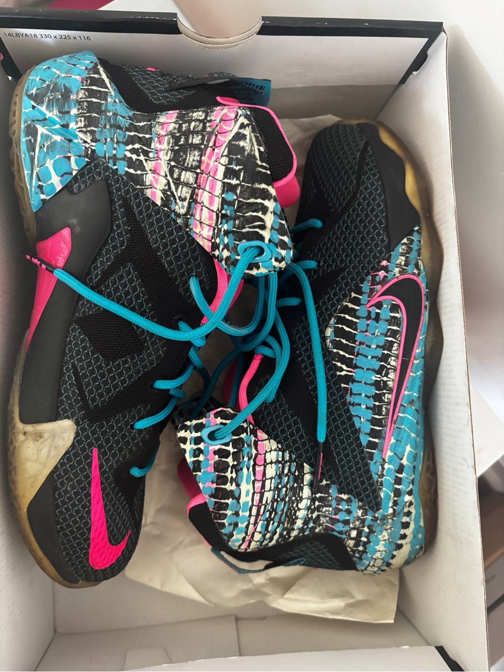 Nike Kids' Black & Teal High-Top Basketball Shoes with Pink Accents. LeBron shoe